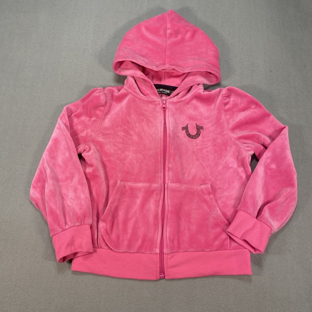 True Religion Youth Girls Size 6X Hot Pink Velour  Zip Up Sequined Hoodie Jacket